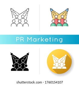 Public event icon. Group in auditorium. Presentation for crowd. Concert for public entertainment. PR campaign. Festival organization. Linear black and RGB color styles. Isolated vector illustrations