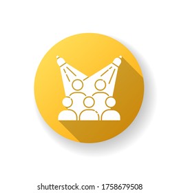 Public event yellow flat design long shadow glyph icon. Group in auditorium. Presentation for crowd. Concert for public entertainment. Festival organization. Silhouette RGB color illustration