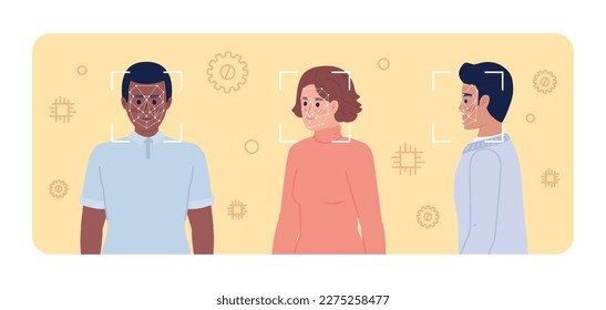 Öffentliche Gesichtserkennung 2D, Vektorgrafik einzeln. Biometrie. Identifizieren von Personen mit flachen Zeichen auf Cartoon-Hintergrund. Farbige bearbeitbare Szene für mobile, Website, Magazin