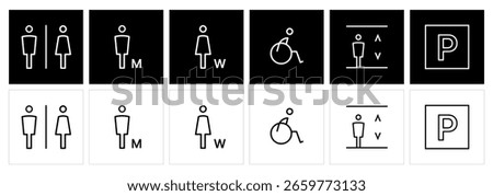 Public Facility Icon Set - Restroom, Accessibility, Elevator, Parking Symbols.