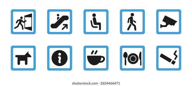 Public facility sign icon set. Direction and service vector illustration. Navigation symbols for indoor guidance in malls, airports and other public access areas.