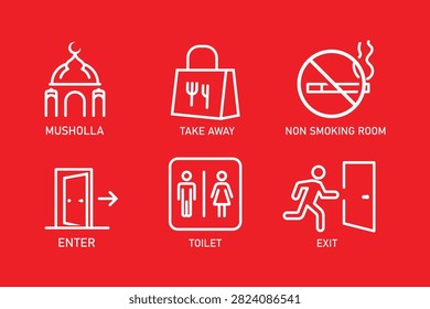 Public Facility Sign Icons Set – Musholla, Take Away, Non Smoking Room, Enter, Toilet, Exit Line Vector Symbols