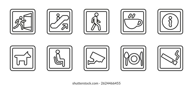 Public facility sign line icon set. Direction and service outline vector illustration. Navigation symbols for indoor guidance in malls, airports and other public access areas.