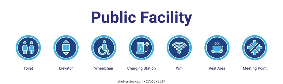 Public Facility web banner icon vetor illustration concept with WC,Elevator,Wheelchair,Charging Station,Wifi,Rest Area and Meeting Point em um conjunto de coleções.