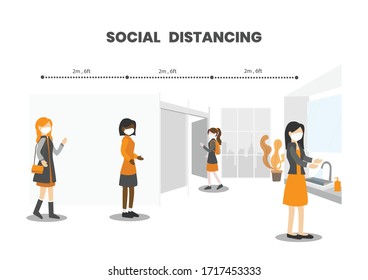 Public female toilet, women wear protective face masks, practice social (Physical) distancing by keep distance away from other and washing hand to prevent infection. COVID-19 outbreak prevention.