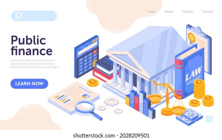 Public Finance And Audit Concept. Banknotes, Coins, Documents Next To Tax Office Or Government Financical Department. Flat Cartoon Isometric Vector Illustration. Website, Landing Page Template