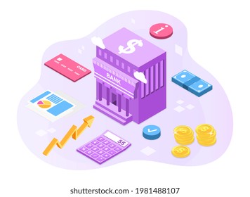 Public finance collection symbol items. Coins, calculator, banknotes, check button, info, credit card, audit report. Flat abstract metaphor cartoon vector concept design isolated on white background