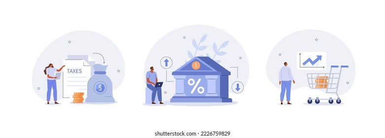 Public finance illustration set. Central bank conduct monetary or fiscal policy to control interest rate and reduce inflation. Characters integrating with government institutions. Vector illustration.