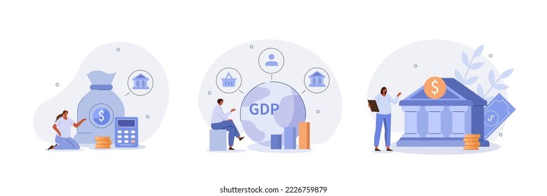 Public finance illustration set. Characters integrating with government institutions. Central bank, federal budget and GDP statistics concept. Vector illustration.