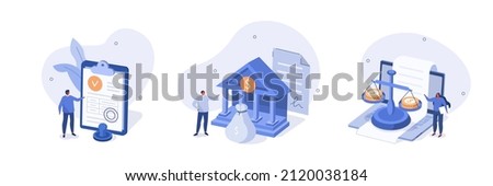 Public finance illustration set. Characters receiving grant, subsidy or over financial support from federal budget. Government spending, tax and financial law concept. Vector illustration.