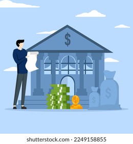 Public financial audit concept. Coins and banknotes lying near government finance department or tax office column building. Flat vector illustration.