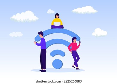 Public free wifi hotspot zone. Big wifi sign. People in free internet zone working on laptop and smartphone, sitting on a big wifi sign. Free wifi hotspot, public assess zone, portable device concept