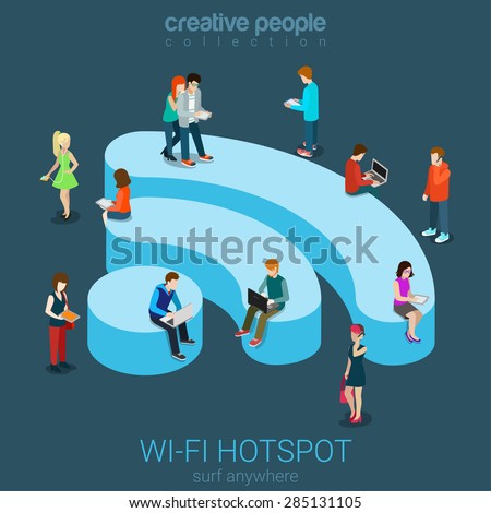 Public free Wi-Fi hotspot zone wireless connection flat 3d isometric web banner template. Creative people surfing internet on WiFi shaped podium. Technology globalization and reachability.