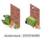 Public garbage with and without video surveillance. Overturned trash can, bags with waste, organic plastic paper. Dirty vs clean street, vector isometric concept