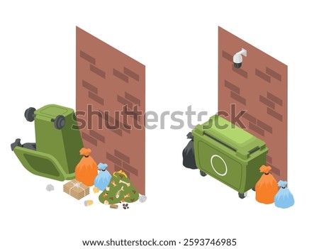 Public garbage with and without video surveillance. Overturned trash can, bags with waste, organic plastic paper. Dirty vs clean street, vector isometric concept