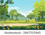 Public garden in the City. Panoramic view of summer city park with green trees, flowers, grass. Vector illustration cartoon landscape with empty park