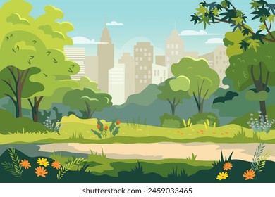 Public garden in the City. Panoramic view of city park with green trees, grass and cityscape on background. Vector illustration cartoon landscape with empty park and town buildings on skyline