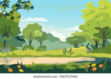 Public garden in the City. Panoramic view of summer city park with green trees, flowers, grass. Vector illustration cartoon landscape with empty park