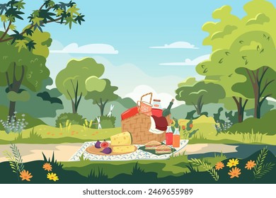 Public garden picnic banner with straw basket full of delicious. Vector horizontal panoramic view with hamper for food and blanket on background of summer city park. Family party invitation on nature