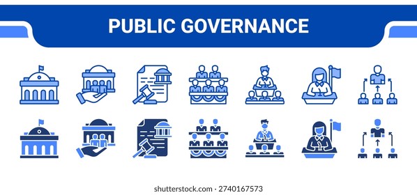 Public Governance Icon Collection, featuring Government, Public service, Legislature, Parliament, Congress, Minister, Representative.