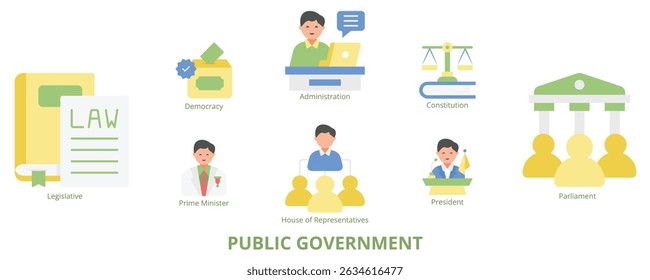 Public Government Flat Banner Web Icon Set Vector Illustration