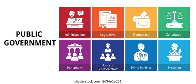 Public Government Glyph Solid Banner Web Icon Set Vector Illustration