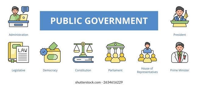 Public Government Lineal Color Banner Web Icon Set Vector Illustration