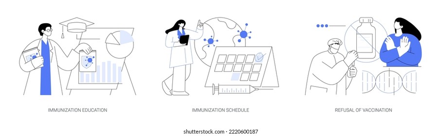 Public health abstract concept vector illustration set. Immunization education and schedule, refusal of vaccination, infectious diseases prevention, mandatory vaccination plan abstract metaphor.