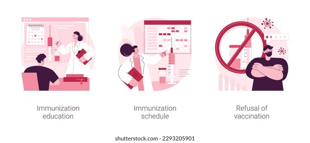 Public health abstract concept vector illustration set. Immunization education and schedule, refusal of vaccination, infectious diseases prevention, mandatory vaccination plan abstract metaphor.