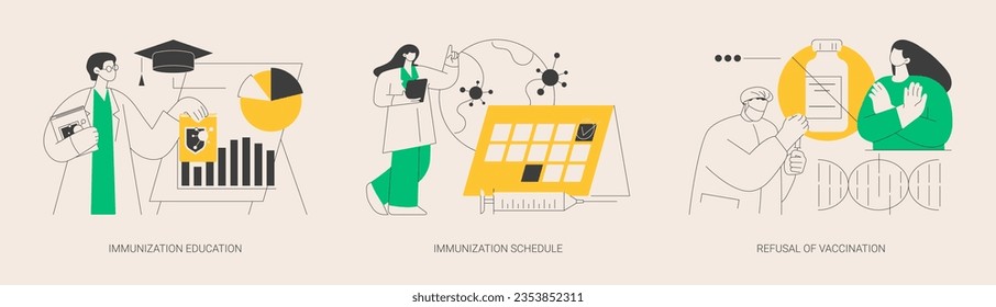 Public health abstract concept vector illustration set. Immunization education and schedule, refusal of vaccination, infectious diseases prevention, mandatory vaccination plan abstract metaphor.