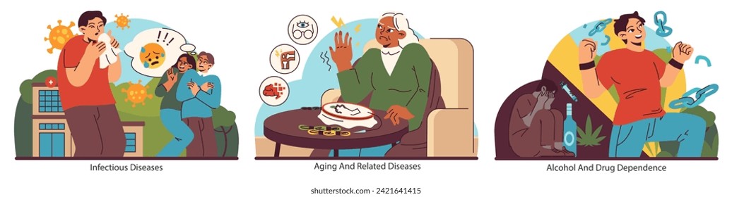 Public Health Challenges set. Tackling infectious diseases, the trials of aging, and overcoming substance dependence. Diverse healthcare experiences. Flat vector illustration.