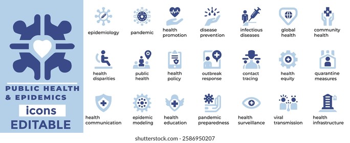 Public Health and Epidemics vector icons are perfect for medical, awareness, and safety designs. High quality and editable