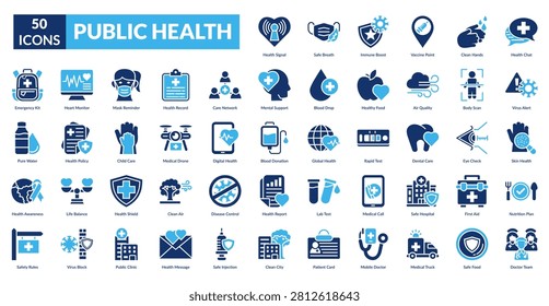 Public Health Fill Icon Set. Ambulance, Apple, Backpack, Blood, Bottle, Brain, Care