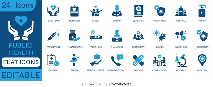 Public Health flat Icon Set. Includes editable vector icons of healthcare, doctor, hospital, vaccination, hygiene, first aid, telemedicine, and health education. perfect icon collection.