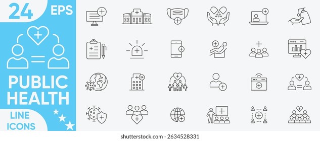 Public health icon set.Health, disease prevention, health protection, hospital services, family health, protection, medical services and more.Vector and illustrator set.