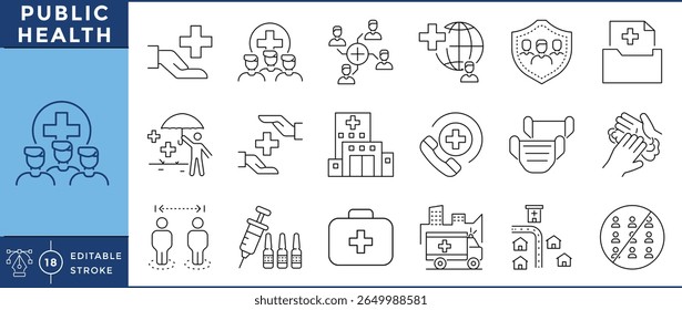 Public health icons set. Face mask, hospital, social distancing, care, face mask, hand wash, first aid kit, and many more. Vector editable stroke.