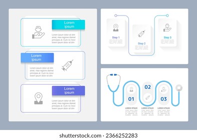 Public health importance infographic chart design templates set. Editable infochart with icons. Instructional graphics with 3 step sequence. Visual data. Acumin Variable Concept, Arial fonts used