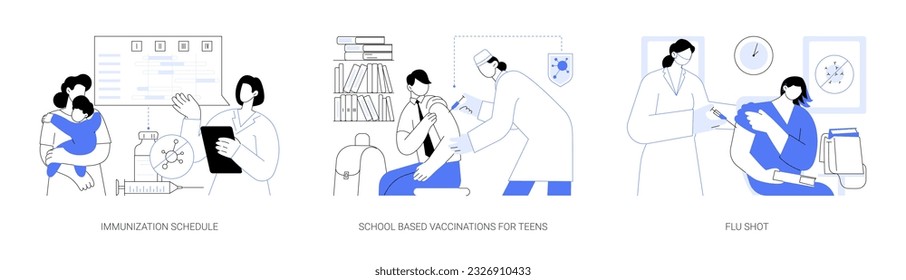 Public health medicine abstract concept vector illustration set. Immunization schedule, school based vaccination for teens, flu shot, doctor making injection, preventative care abstract metaphor.