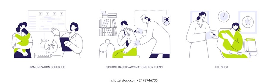 Public health medicine abstract concept vector illustration set. Immunization schedule, school based vaccination for teens, flu shot, doctor making injection, preventative care abstract metaphor.