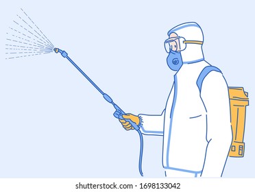 Public health officer in protective equipment disinfects with a sprayer in the city. Surface treatment due to coronavirus disease. Infection control concept. Hand drawn in thin line style