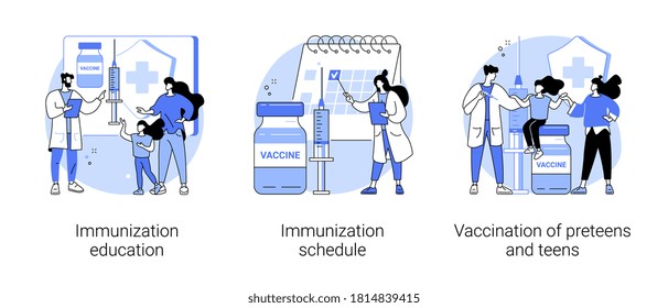 Public health program abstract concept vector illustration set. Immunization education and schedule, vaccination of teens, children vaccination calendar, infectious disease abstract metaphor.