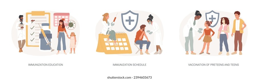 Public health program isolated concept vector illustration set. Immunization education and schedule, vaccination of teens, children vaccination calendar, infectious disease vector concept.