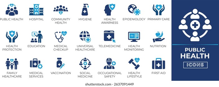 Public health solid icon set for disease prevention,patient, community, crowd, hospital, insurance, justice, law, ,hospital services. vector, editable symbols.