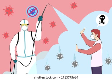 Public Health Staff Is Spraying The Germ Killer Solution To A Man. The Man Don’t Want To Apply It To His Body Because The Solution Is Dangerous To Him Too.