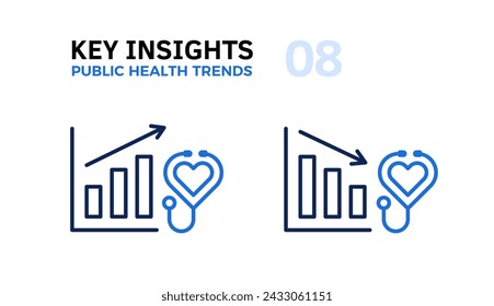 Public Health Trends Analyse: Herz mit Stethoskop und Grafiken Auf und Ab mit einem Pfeil Dünne Linie Symbol, Vektor-Illustration der Gesundheitsstatistik Grafik