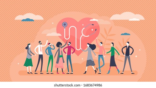 Public health vector illustration. Overall society health control flat tiny persons concept. Disease prevention and virus protection study. Medical healthcare science to prolonging public life quality