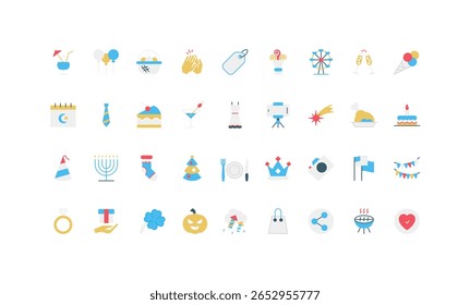 Public holidays, event organization and decoration, food and fireworks color icon set. Celebration planning of national and traditional religious holidays, entertainment flat vector illustration
