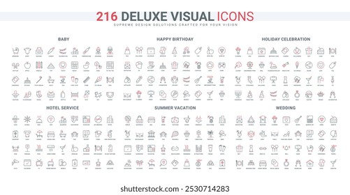 Public holidays, wedding ceremony and entertainment, hotel line icon set. Birthday, banquet and event timeline, party invitations, baby kid care thin black and red outline symbols vector illustration