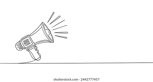Altavoz de bocina pública dibujo de arte de línea continua aislado sobre fondo blanco. Megáfono, minimalista, blanco y negro. Ilustración de vector