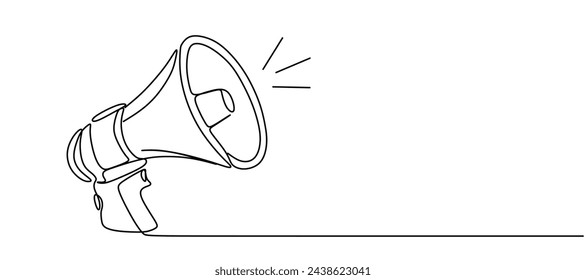 Public horn speaker in single continuous line drawing. Megaphone announce symbol of marketing promotion in simple linear style. Business concept for attention and job offer. vector illustration